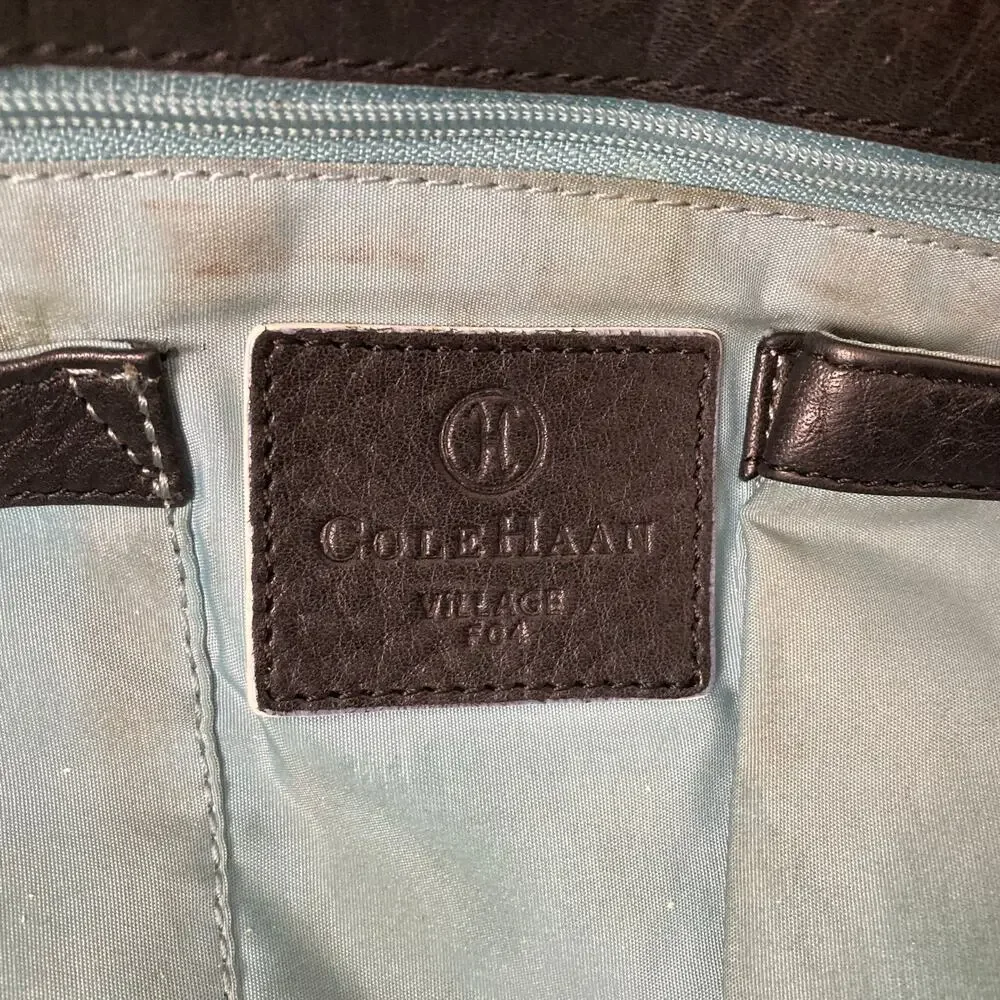 Cole Haan Village Pebbled Leather Bag Black White Trim Buckle Satchel Lined Teal